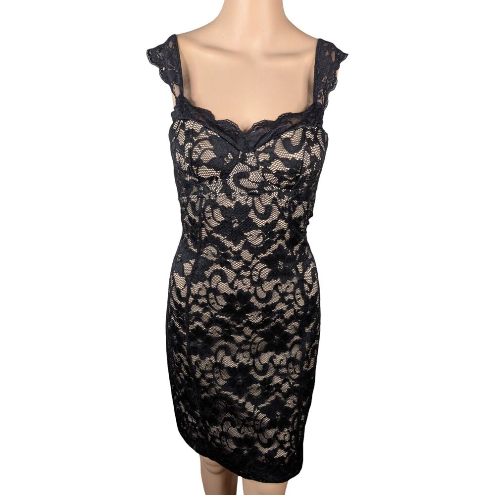 Vintage Y2K Frederick's of Hollywood Nude Black Lace Corset Mini Dress SZ 4